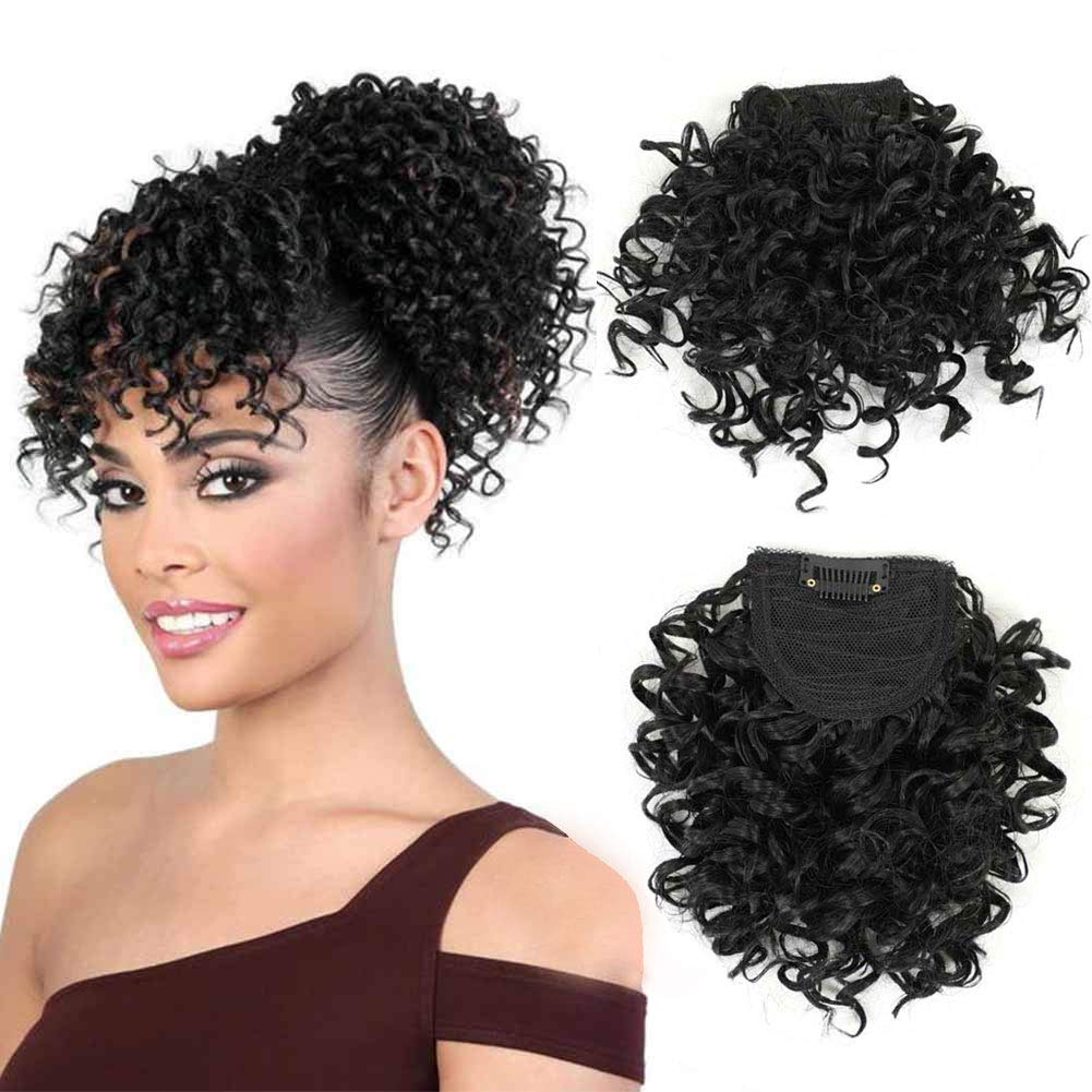 Curly Bangs for Black Women Short Afro Kinky Curly Bangs Clip in Bangs(1B,single bangs)