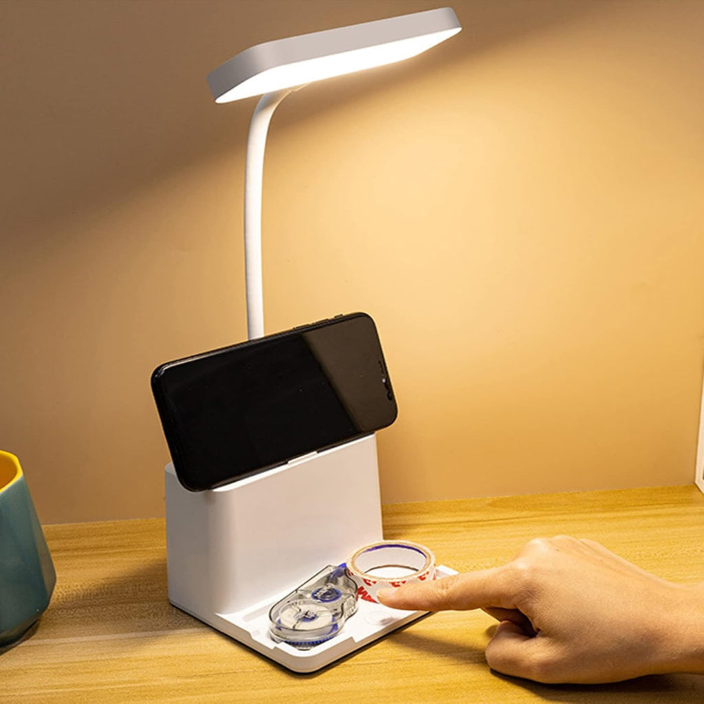 LED Small Desk Lamp with Pen Holder/Phone Holder Function, Rechargeable Desk Light with Flexible Gooseneck, 3 Modes