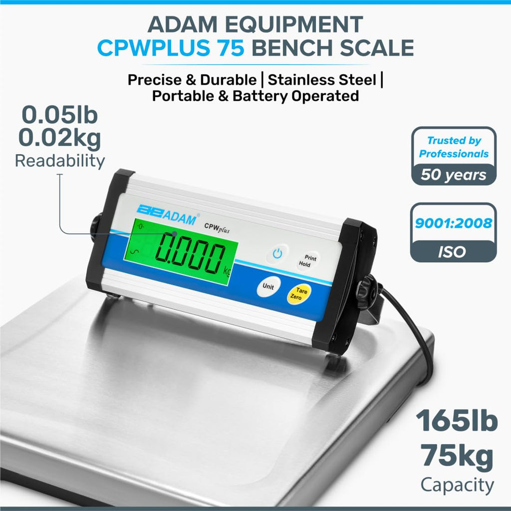 Adam Equipment CPWplus 75 Bench Scale, 165lb/75kg Capacity, 0.05lb/20g Readability