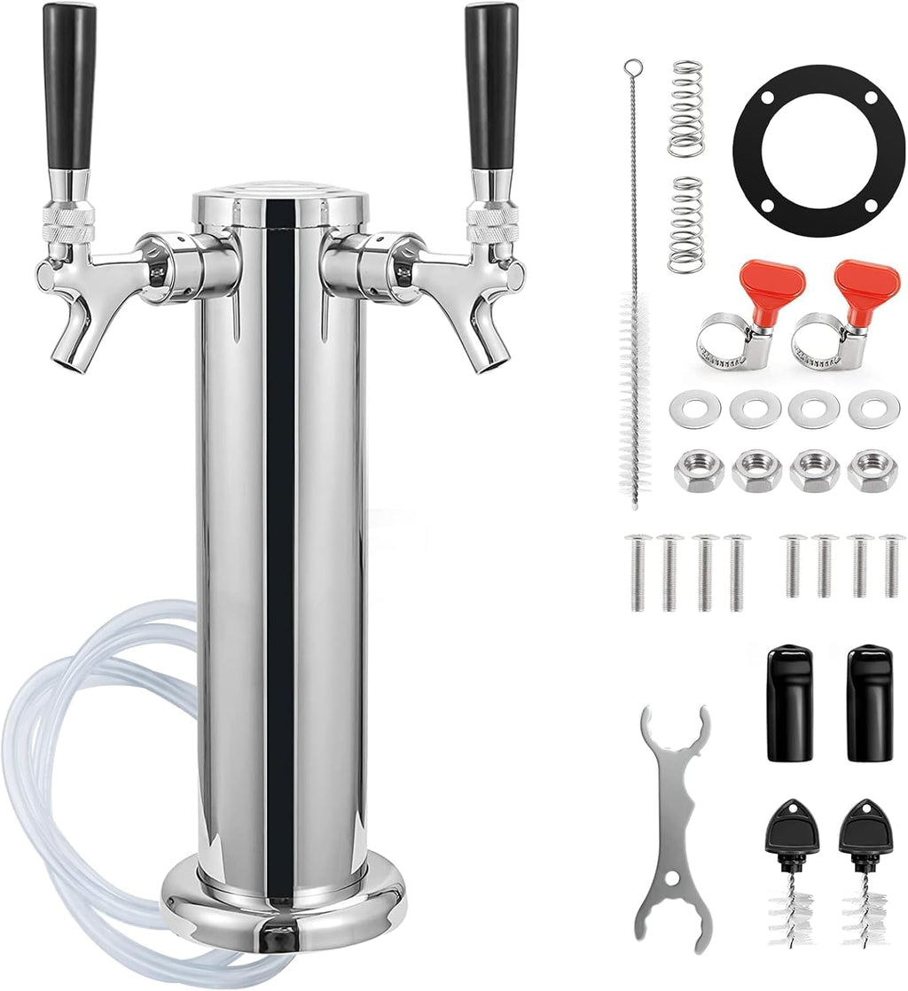 Dual Tap Stainless Draft Beer Tap Tower, 3'' Base Kegerator Tower