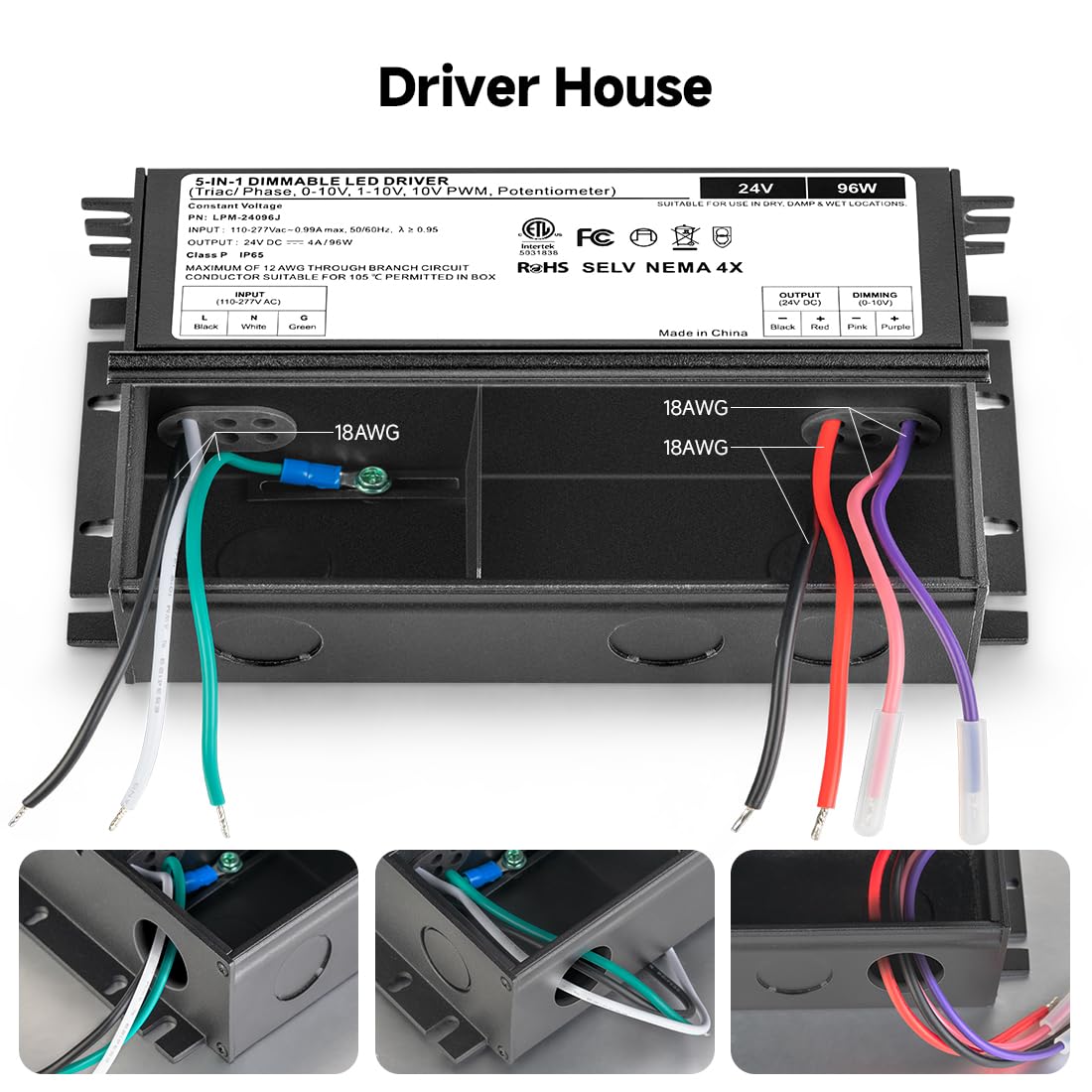 96W Dimmable LED Driver Power Supply 24VDC Transformer,5-in-1