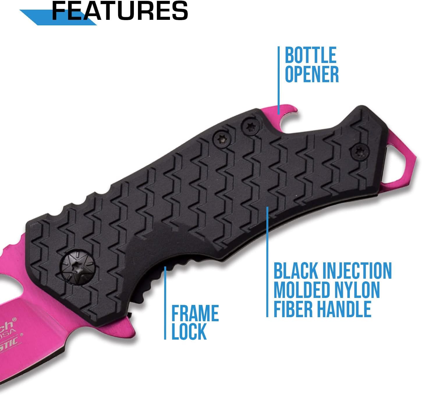 – Pocket Folding Knife – Fine Edge Steel Blade, Aluminum/Nylon Fiber Handle, Bottle Opener and Pocket Clip, Tactical