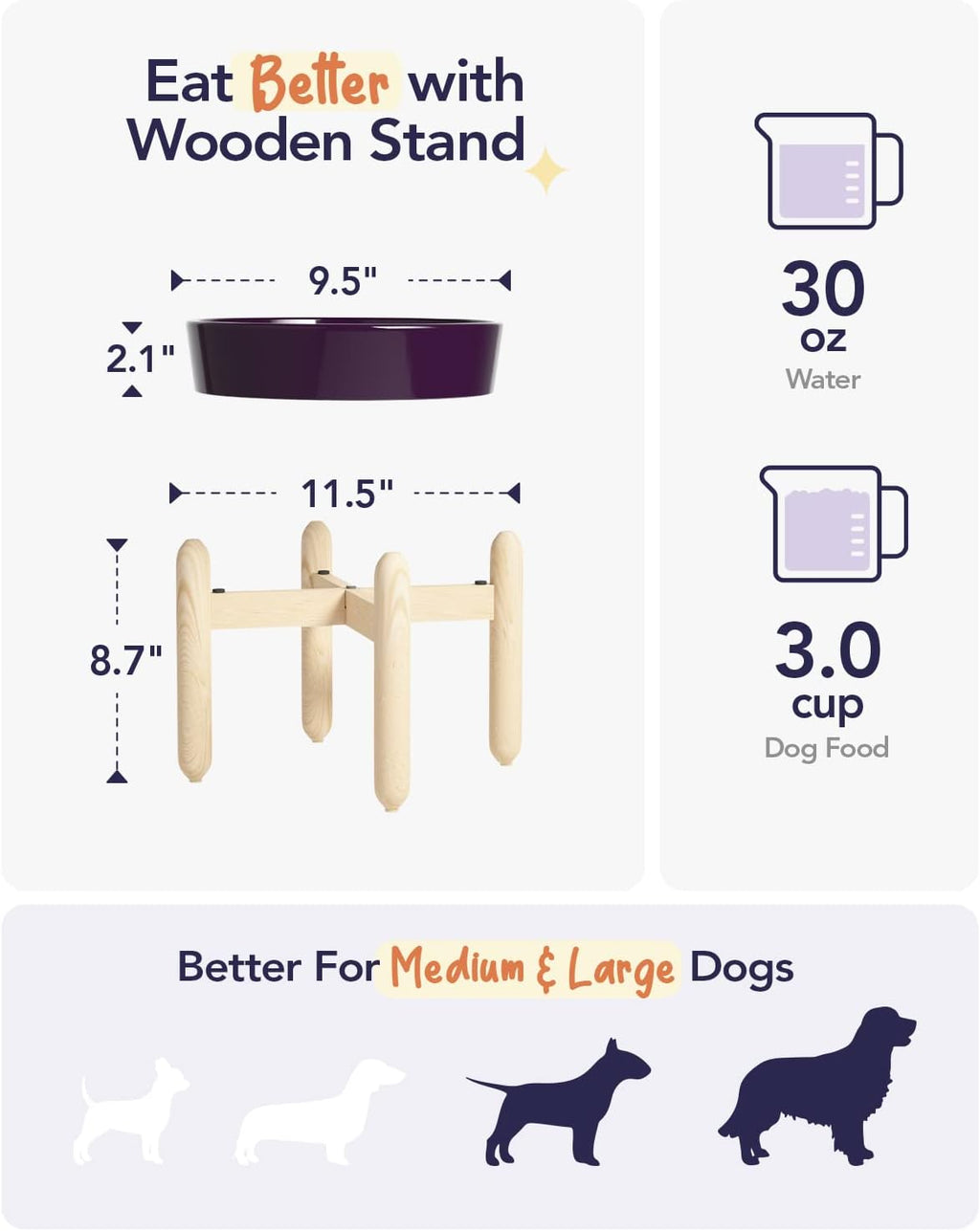 Ceramic Slow Feeder Dog Bowls Elevated, 3 Cup Raised Bowl with Wooden Stand for Medium Large Breed, Slow Down Eating