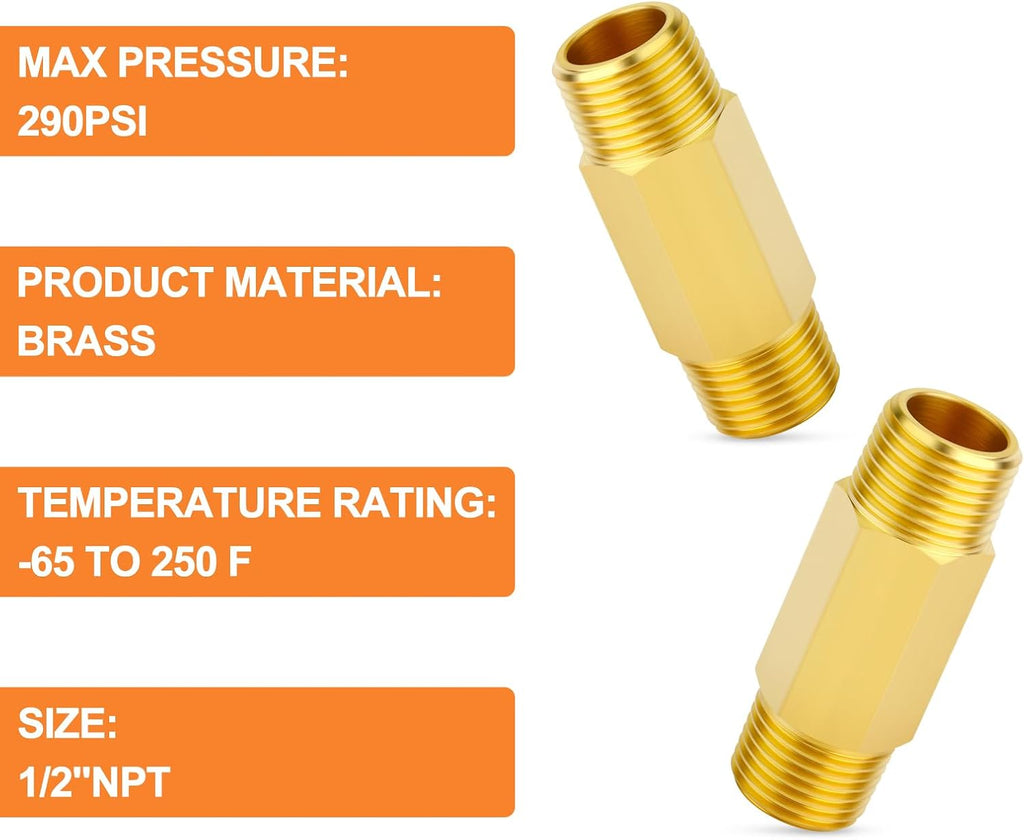 GASHER 2PCS 1/2" MNPT Brass Long Nipple 2" Length Pipe Fitting