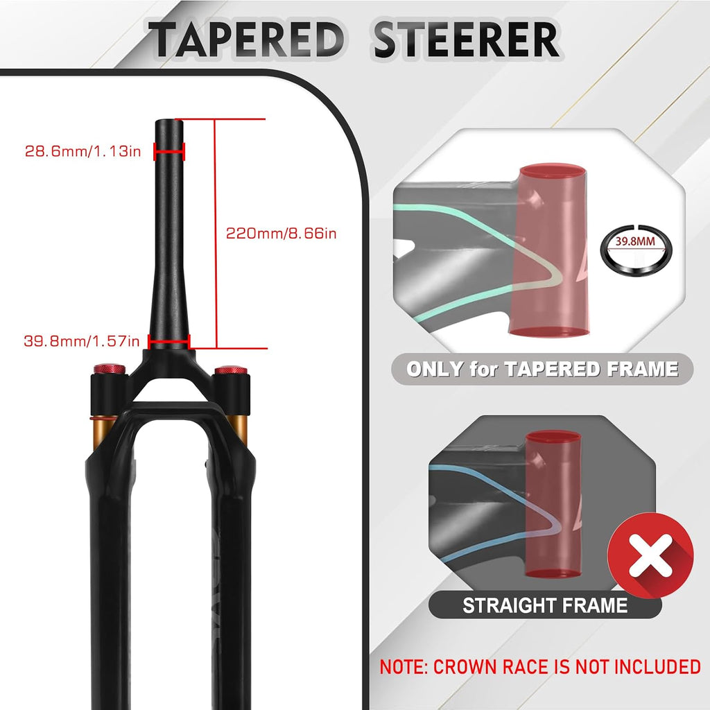 GRVS 1 1/8 700C Gravel Road Bike Air Suspension Fork 40mm Travel | 28.6mm Threadless Tapered Tube, 100 * 12mm Thru