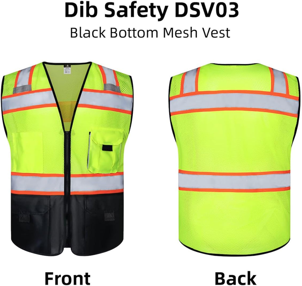 Reflective Safety Vest with Pockets Zipper, Yellow and Black L | Made with 3M Reflective Tape, ANSI Class 2 Compliant