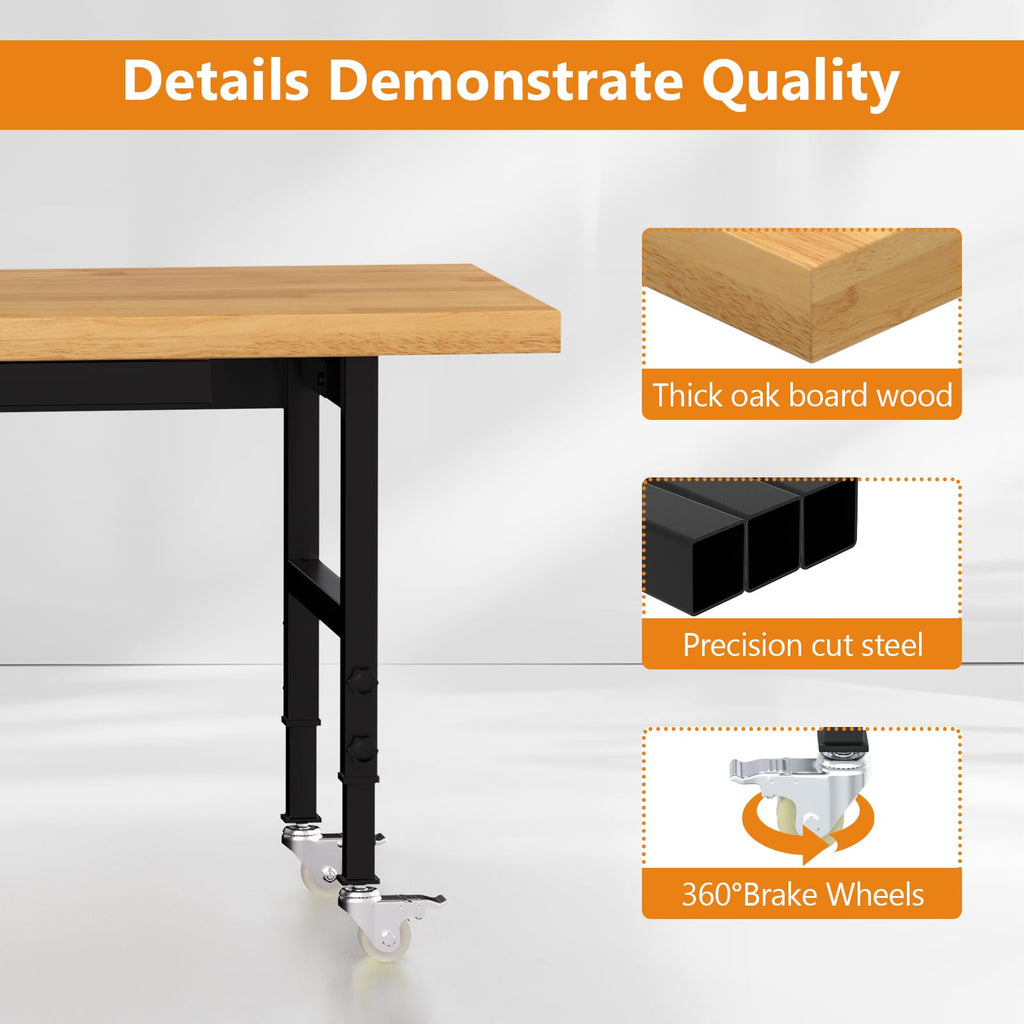 60" Heavy-Duty Solid Wood Work Bench with Drawers, Adjustable Height Workbench with Wheels, 2000 LBS Capacity Work