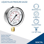 SENCTRL 0-200 Psi Liquid Filled Pressure Gauge, 1/4" NPT Lower Mount