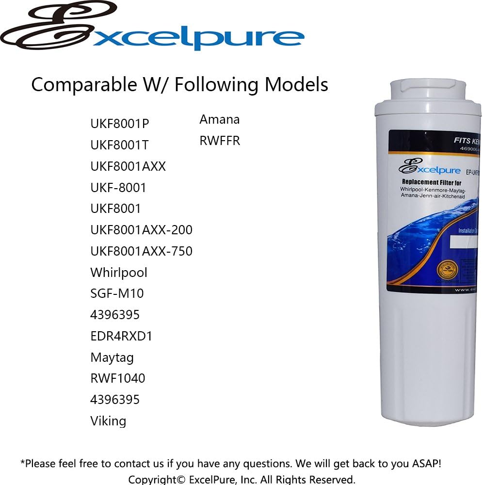 EXCELPURE UKF8001 Replacement for Whirlpool FILTER 4, EDR4RXD1, 4396395, WRX735SDBM00, RWF0900A, EFF-6007A, MFI2568AES, MFI2569VEM, RFC0900A, WF295, PURICLEAN II, Refrigerator Water Filter, 1PACK
