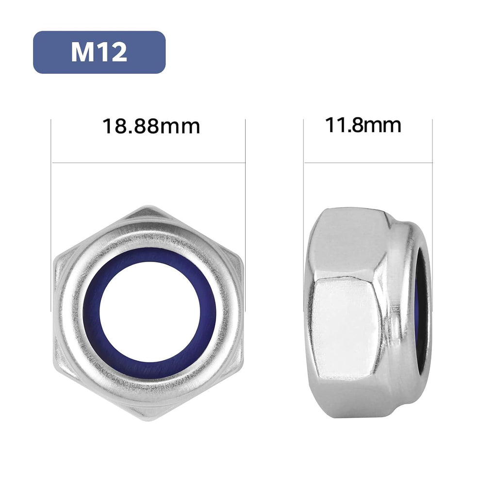 10Pcs M12-1.75 Lock Nuts, Nylon Insert Locknuts 304 Stainless Steel 18-8 SS A2-70 Self-Locking Nuts, Coarse Thread Hex Nylock Nut