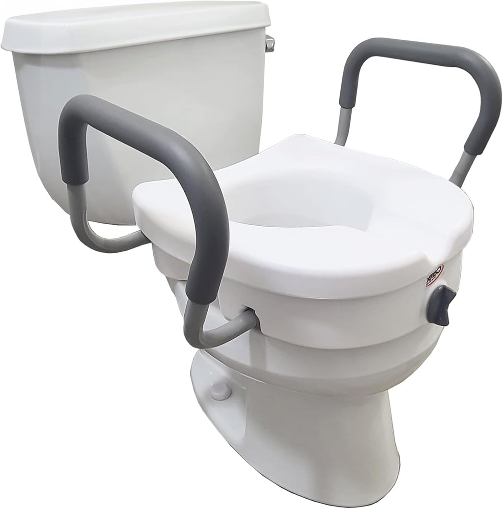 E-Z Lock Raised Toilet Seat With Handles, 5" Toilet Seat Riser with Arms, Handicap Raised Toilet Seat For Seniors and