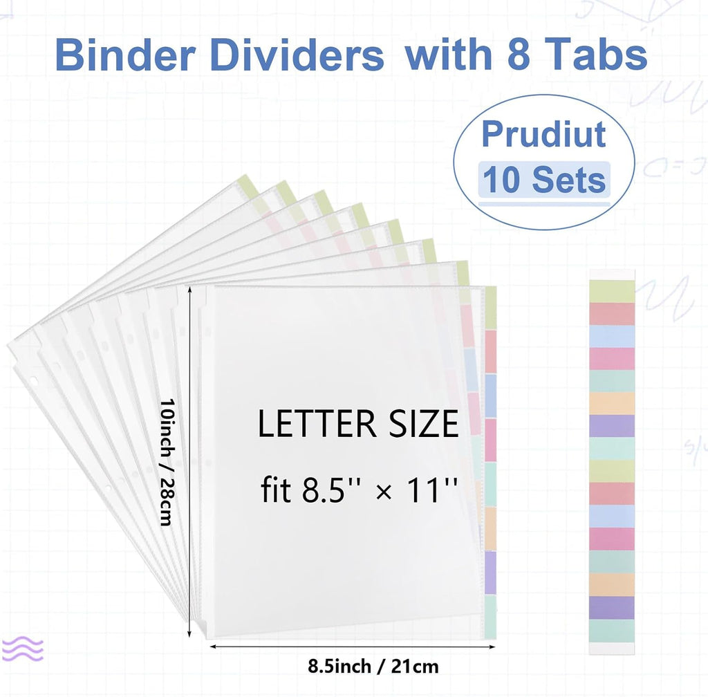 10 Sets 80Pcs Clear Sheet Protector Sleeves, Plastic 3 Ring Binder Dividers | 8.5 x 11 Inch Binder Sleeves with 8 Tab