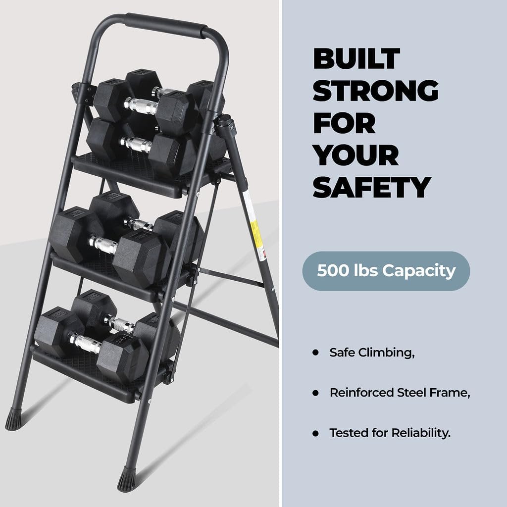 Step Ladder Folding Stool with Wide Anti-Slip Pedal, Lightweight Portable Steel for Home and Office 3 Step