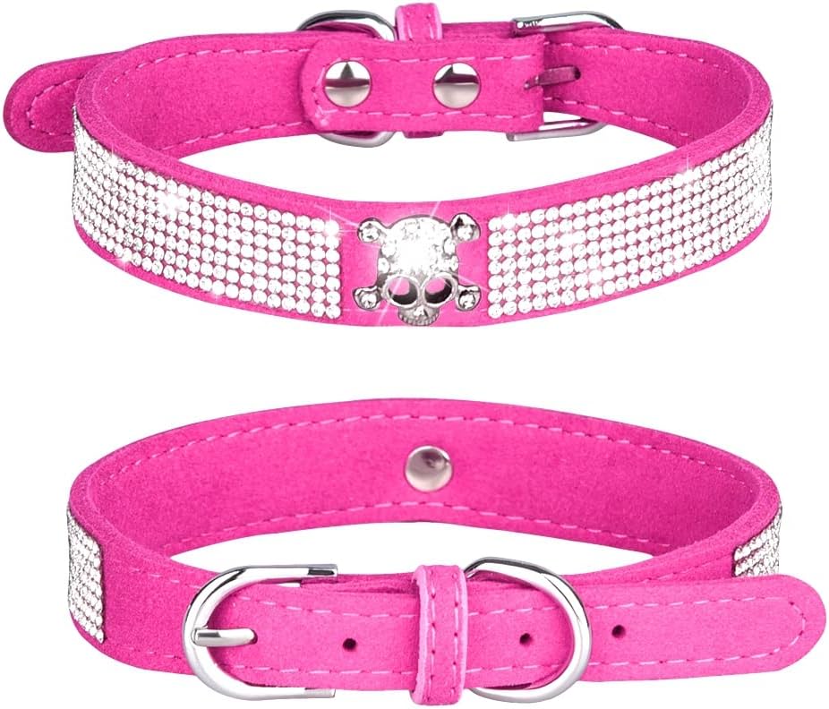 Rhinestone Dog Collar, Cute Dazzling Sparkling Soft Suede Leather Adjustable Pet Dog Cat Collar Crystal Diamond for