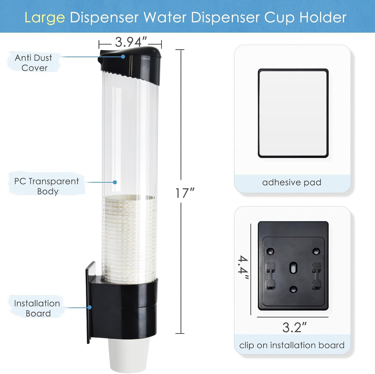 Cup Dispenser Holder for 7oz - 12oz Paper Plastic Cups, Black Large