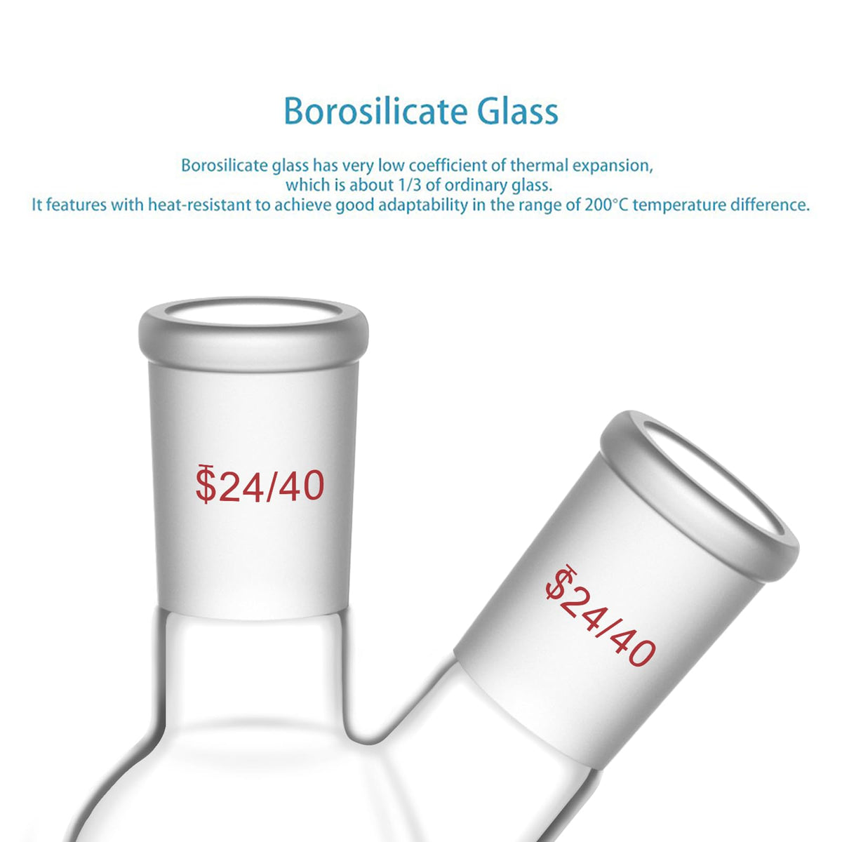 Flat Bottom Flask FBF, Heavy Wall 2-Neck Lab Flask Borosilicate Glass Flat Bottom Boiling Flask with 24/40 Standard
