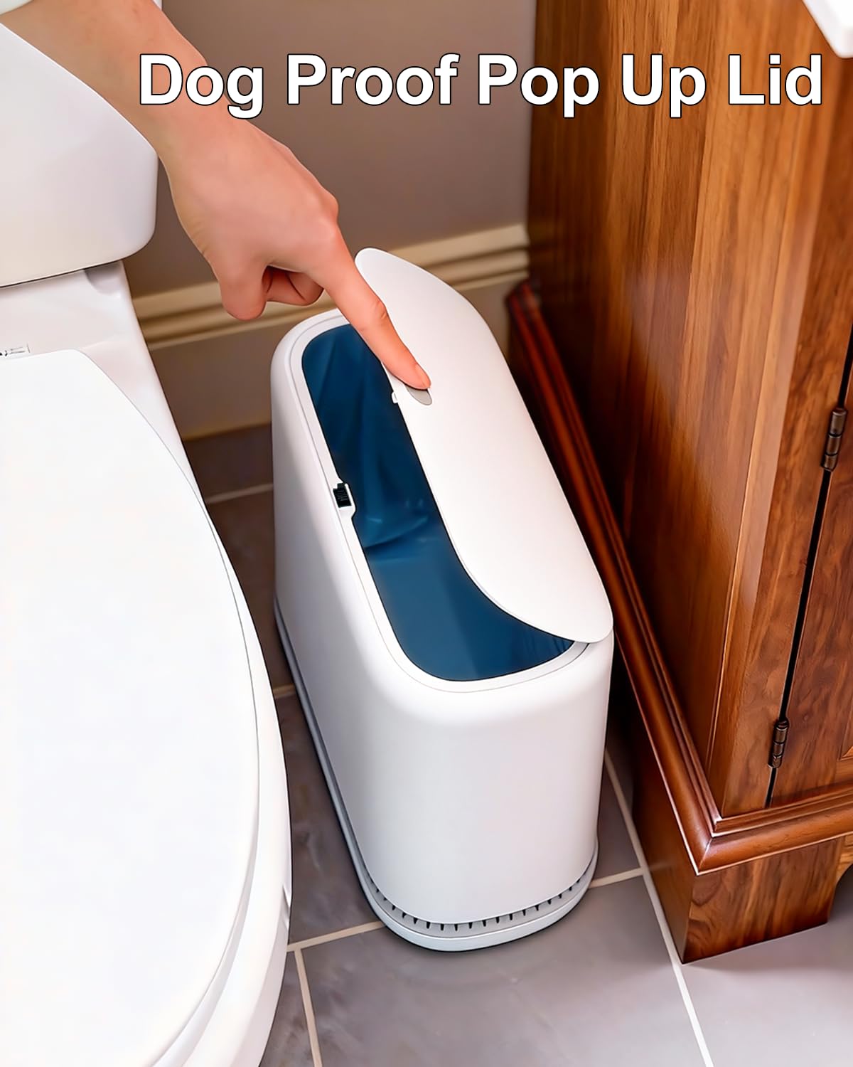 2.3 Gallon Slim Small Bathroom Trash Can with Lid, White Dog Proof Garbage Can with Air-Press Bag Expander &