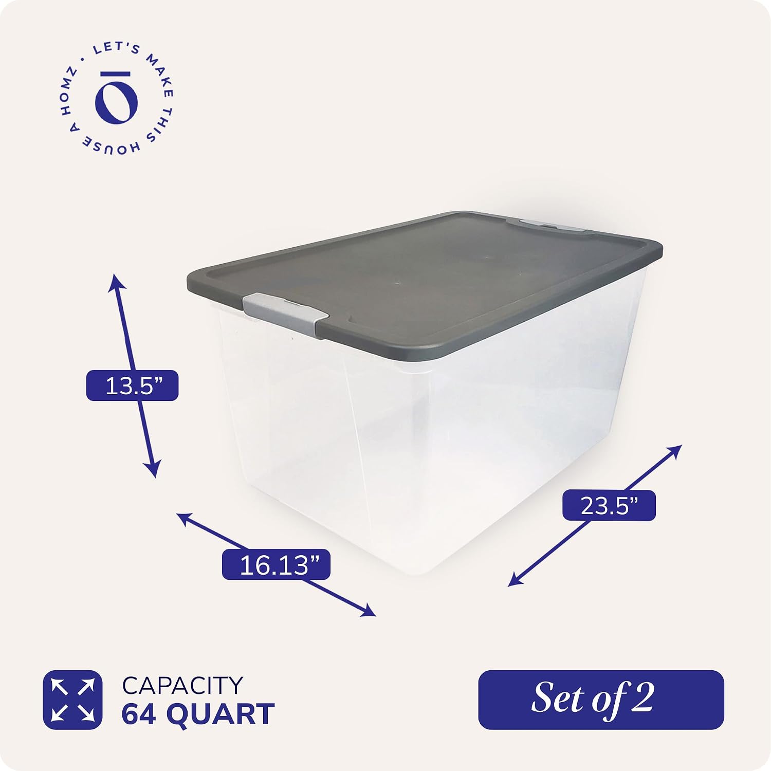 2-Pack Secure Latch, Clear Plastic Storage Organizer Bins, 64 Quart, Gray Lid - Heavy-Duty Container Boxes with Lids
