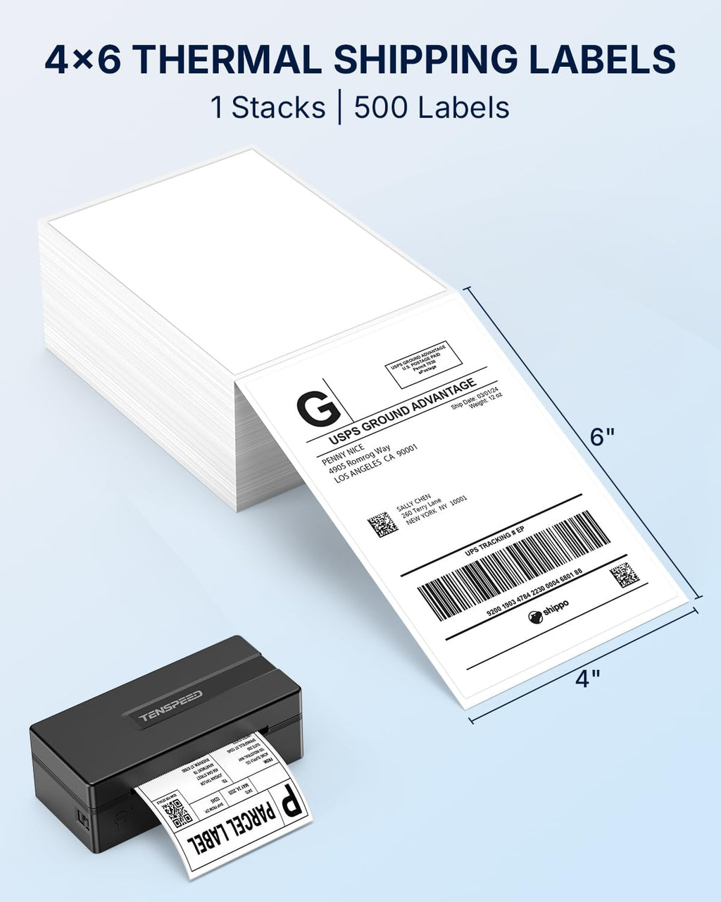 4 x 6 Fanfold Direct Thermal Shipping Labels, 500 Labels per Stack
