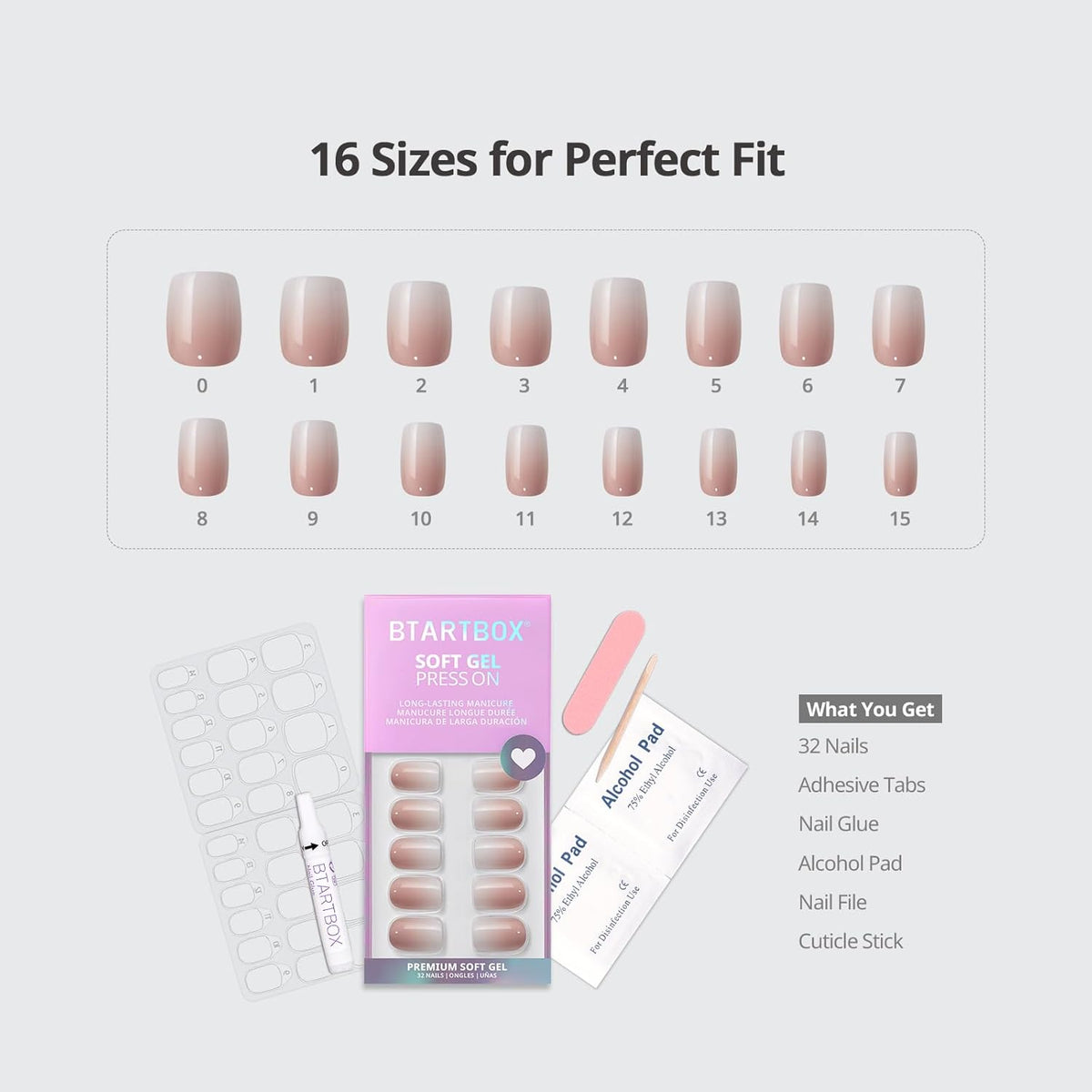 Press On Nails, Short Square Pink Fake Nails, 32Pcs Full Kit
