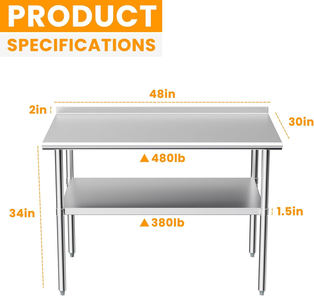 Stainless Steel Table for Prep & Work, 30x48 in, Metal Commercial Heavy Duty Table with Backsplash and Adjustable