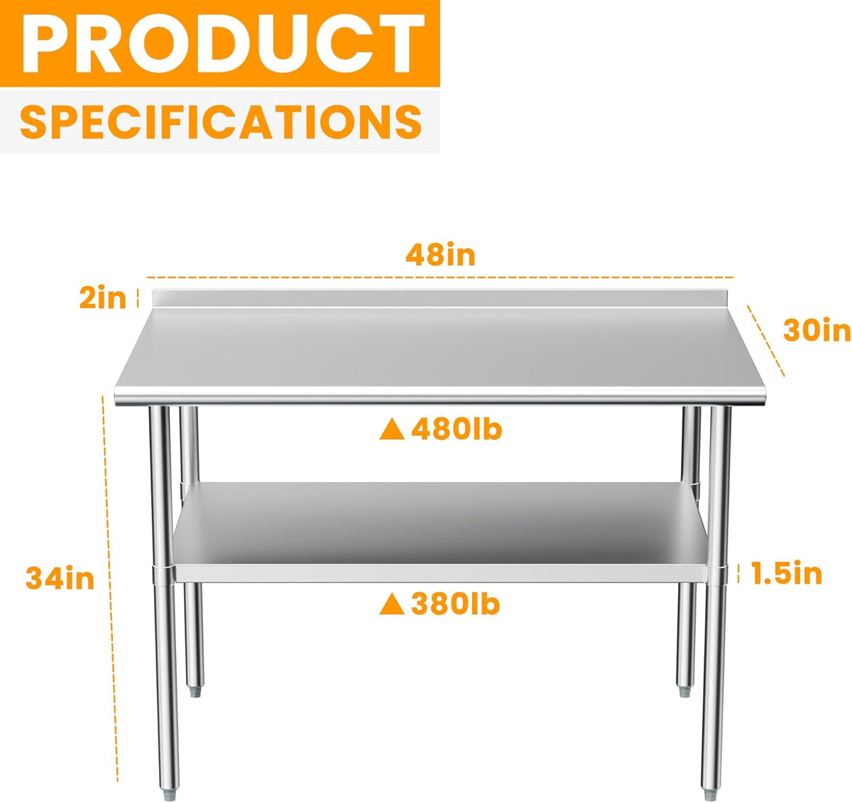 Stainless Steel Table for Prep & Work, 30x48 in, Metal Commercial Heavy Duty Table with Backsplash and Adjustable