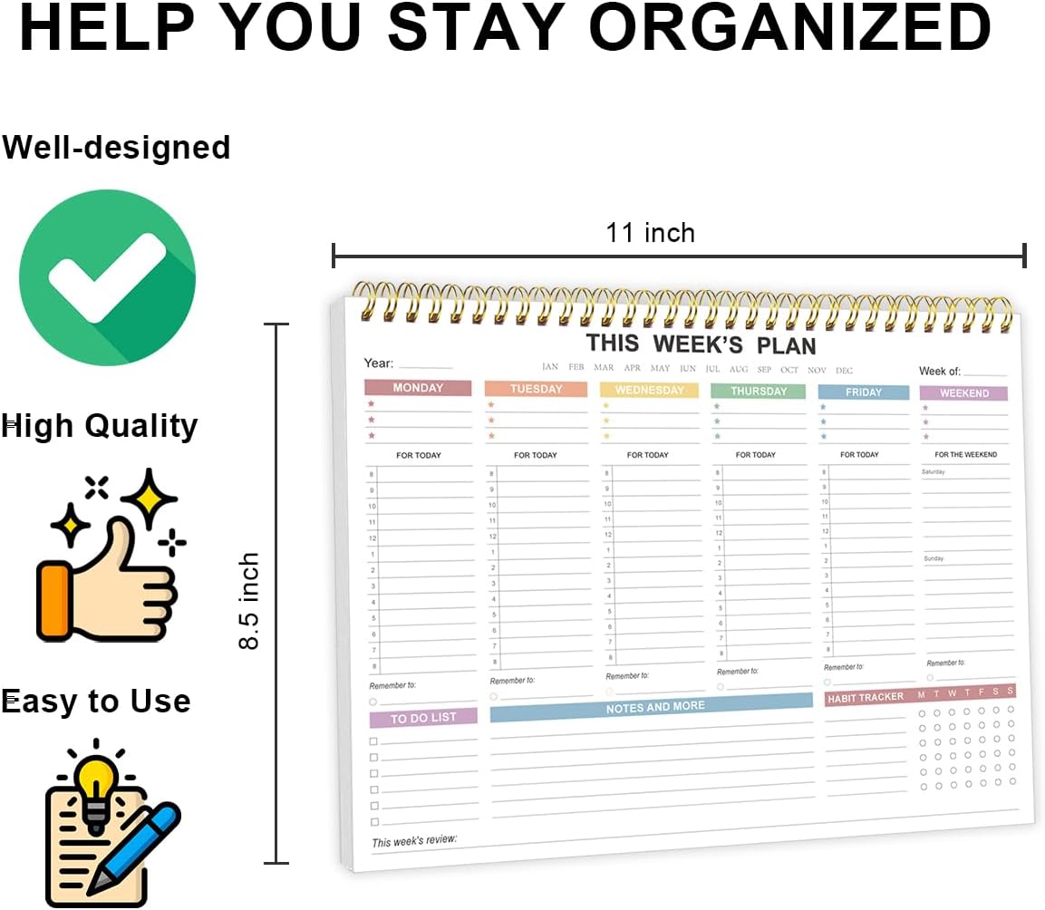 Undated Weekly Planner - 8.5" x 11" Undated Daily Productive Weekly To Do List Notepad for Home, Work, School