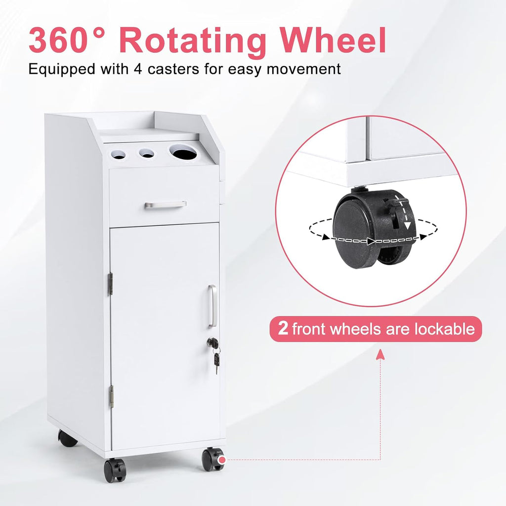 Salon Trolley Cart with 4 Trays, 3 Hair Dryer Holders, White | Lockable Beauty Storage Cabinet with 4 Drawers
