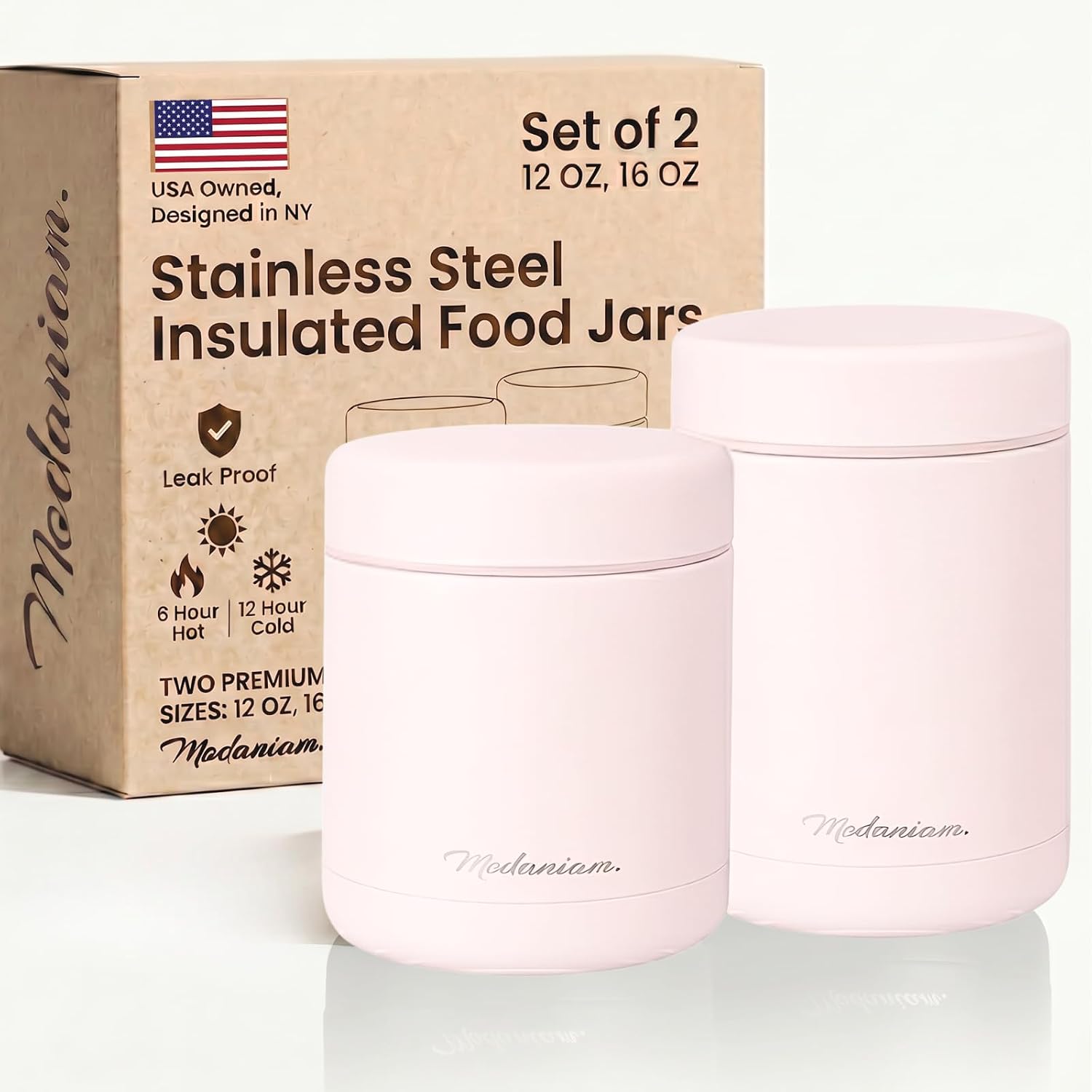 Stainless Steel Insulated Food Jar Set of 2 (16oz + 12oz), Wide Mouth, Soup Thermo for Hot Food, Lunch Container