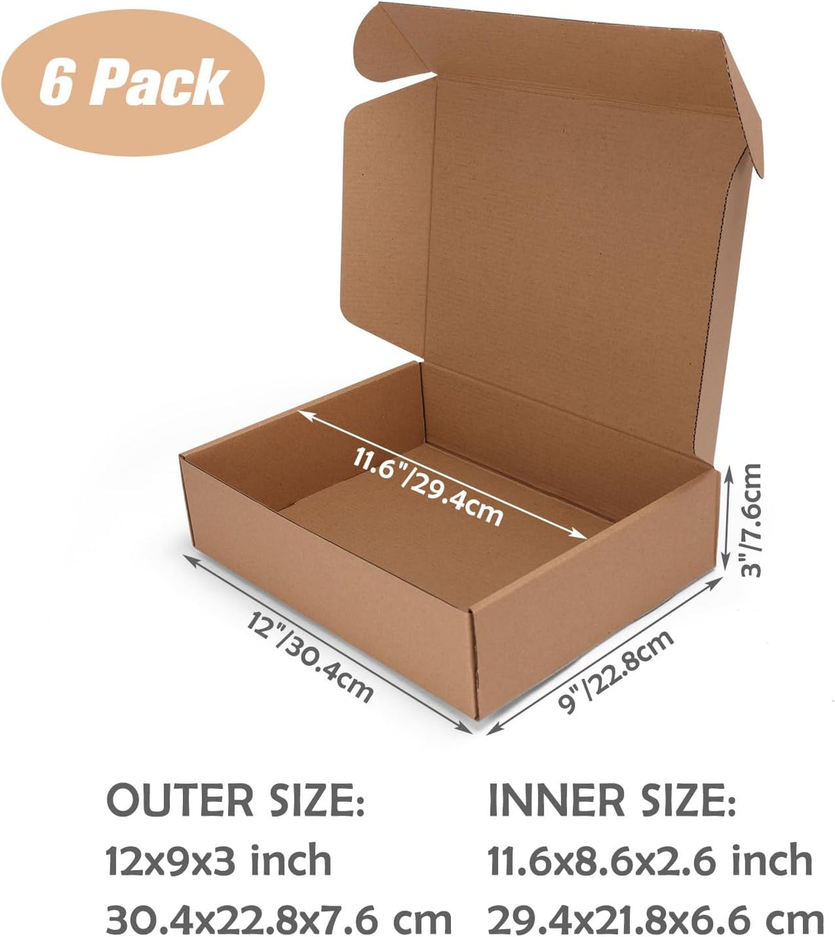 12x9x3 inch Small Shipping Boxes, Set of 6 Mailer Boxes, Brown
