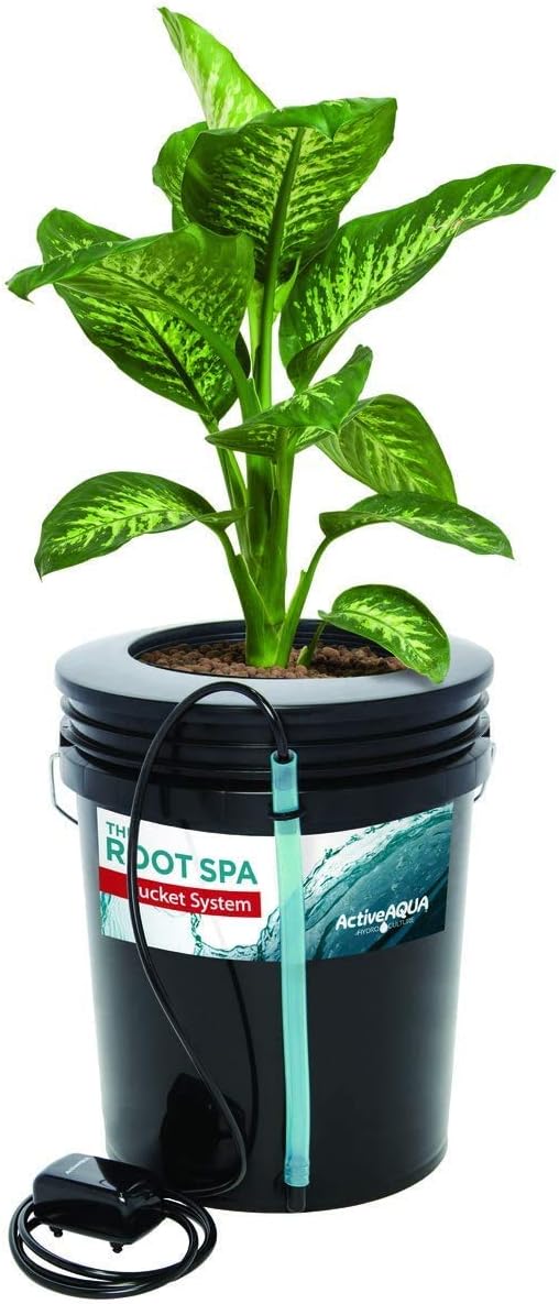 RS5GALSYS Root Spa Deep Water Culture Bucket System, 5 Gallon, black | 8 in Grow Basket, Air Pump Included, 1/2 in