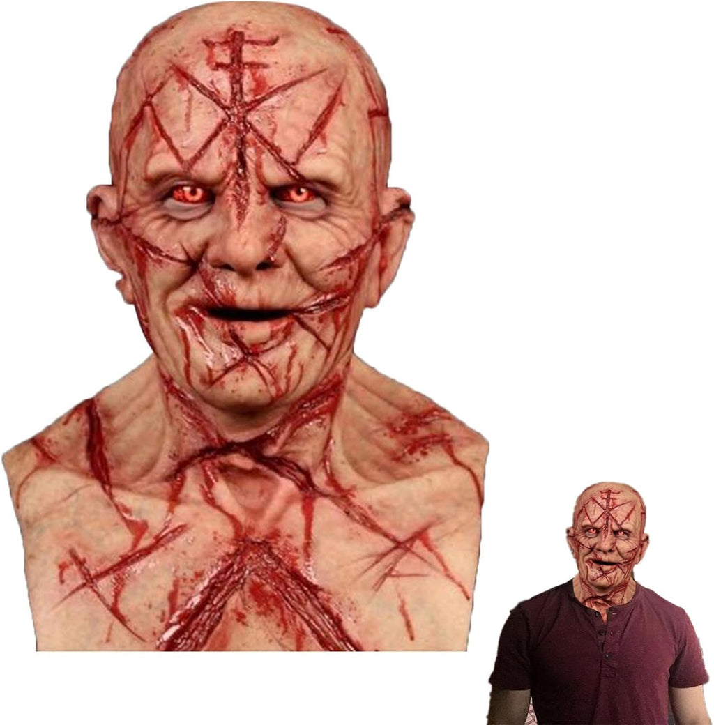 Halloween Scary Demon Latex Mask with Bloody Scars, Realistic Bald Head Horror Costume for Adults, Cosplay Parties