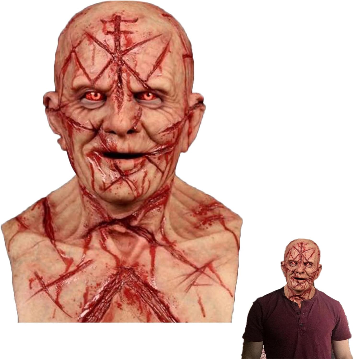 Halloween Scary Demon Latex Mask with Bloody Scars, Realistic Bald Head Horror Costume for Adults, Cosplay Parties