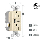 Legrand 15 Amp TR Spec Grade Outlet USB Type A/C Light Almond 1Pack