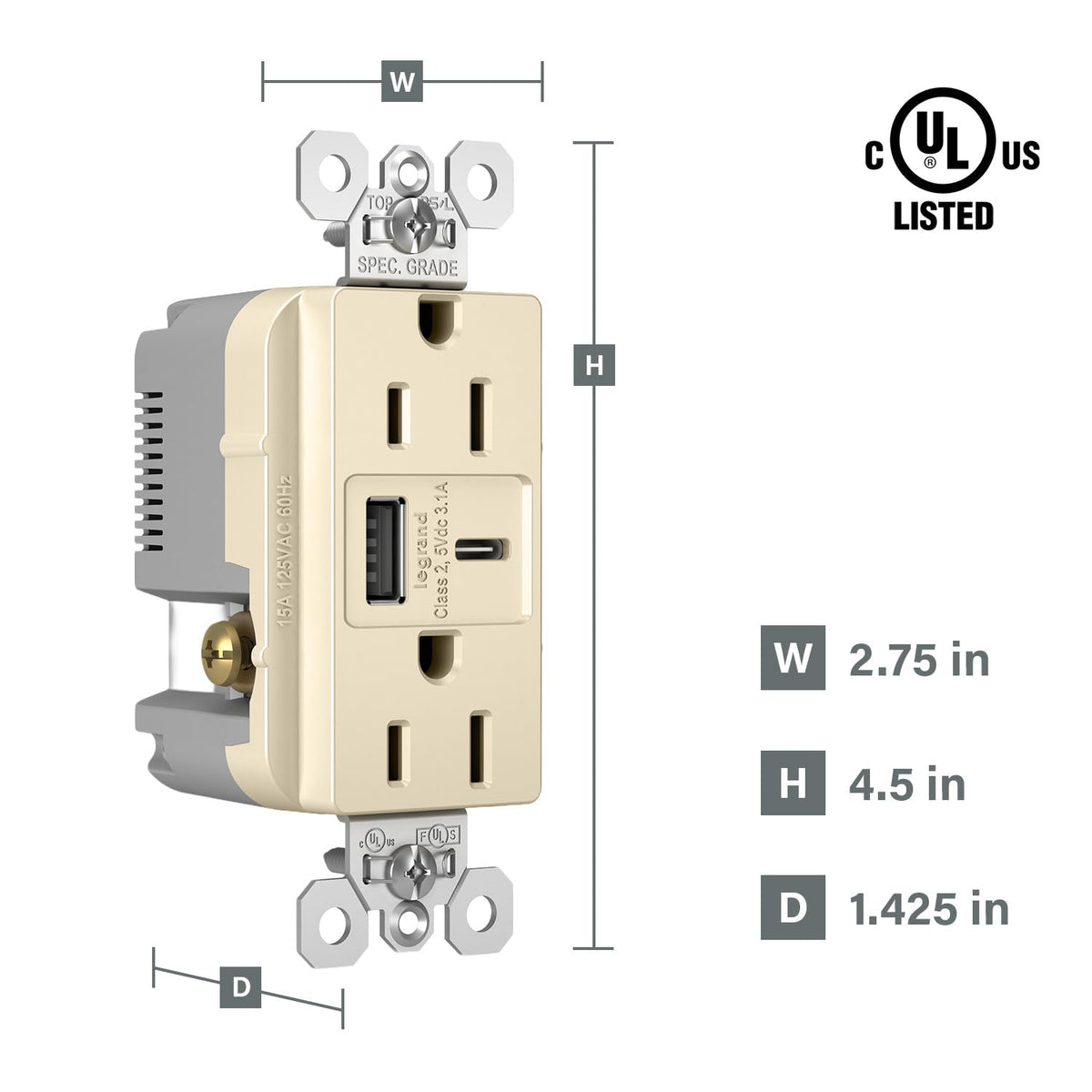 Legrand 15 Amp TR Spec Grade Outlet USB Type A/C Light Almond 1Pack