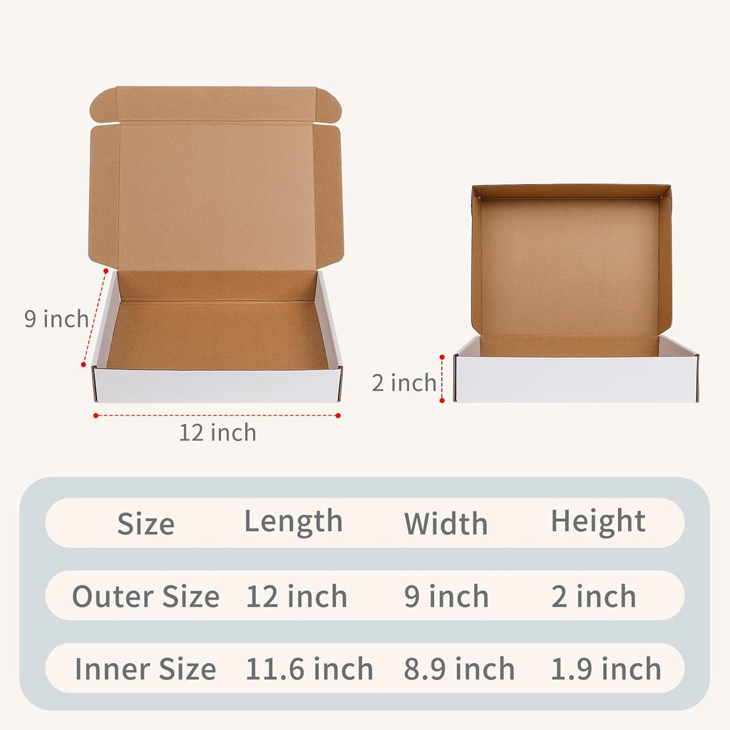 12" x 9" x 2" White Corrugated Cardboard Shipping Boxes Set of 5