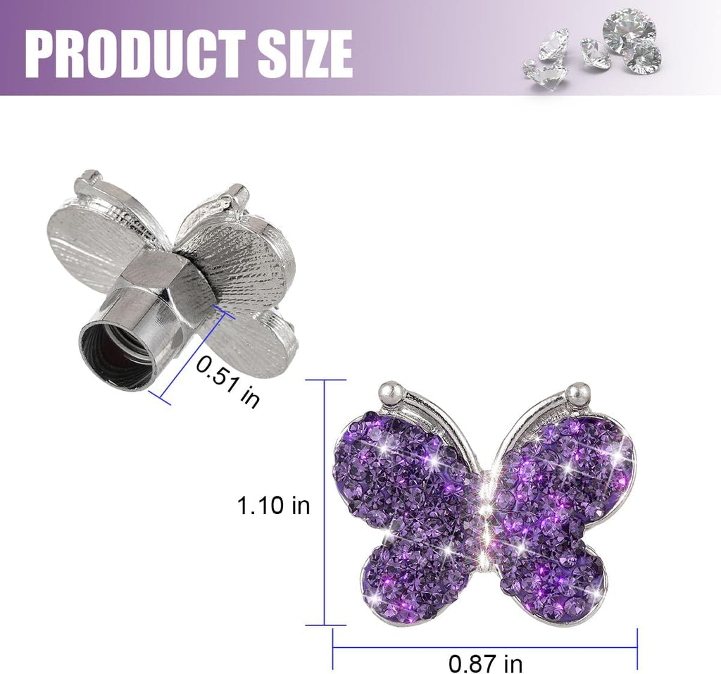 4PCS Bling Butterfly Rhinestone Tire Valve Stem Caps, Purple