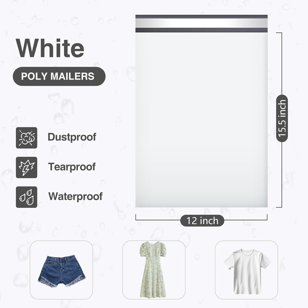 Poly Mailers 12x15.5 Inch White 50 Pack Plastic Medium Shipping Bags