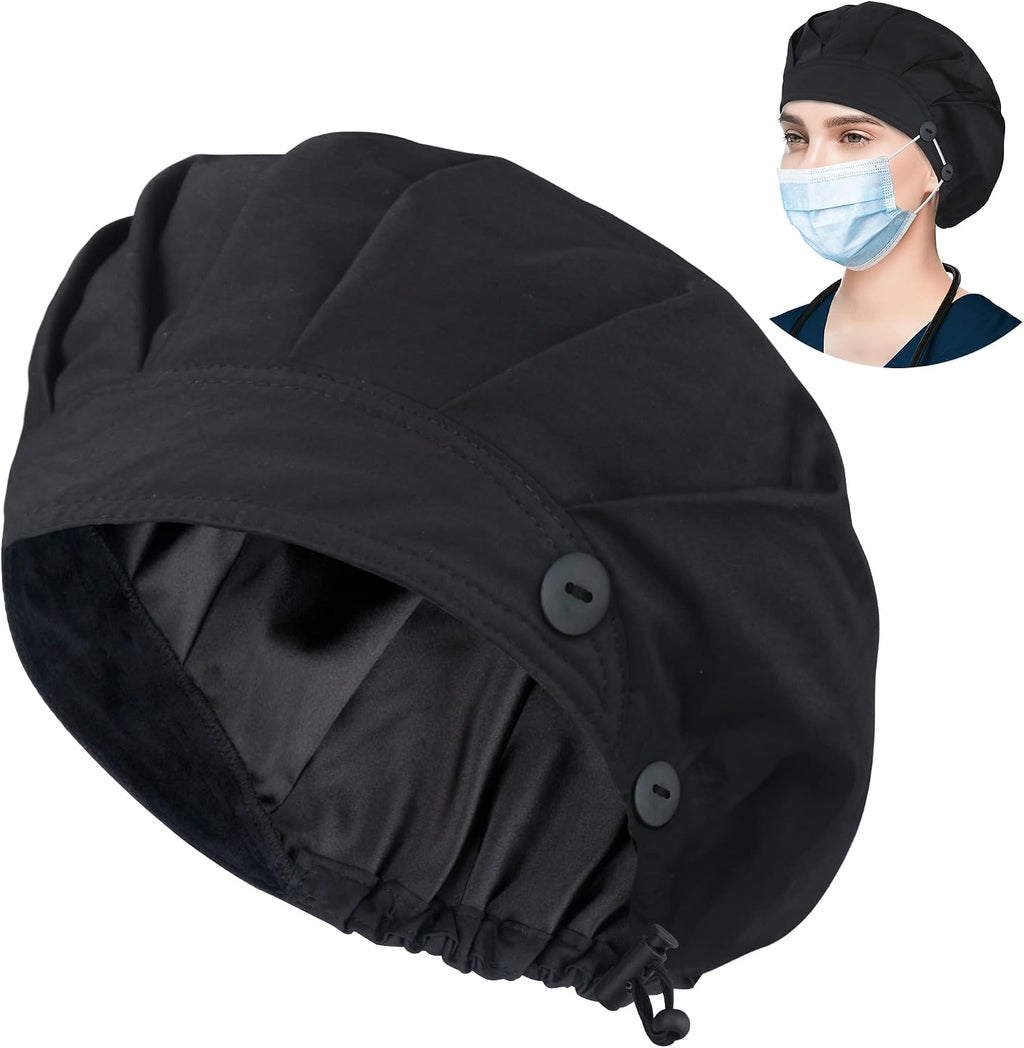 Bouffant Caps with Button and Sweatband, Adjustable Scrub Caps for Women Men, Satin Layer Black