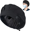 Bouffant Caps with Button and Sweatband, Adjustable Scrub Caps for Women Men, Satin Layer Black