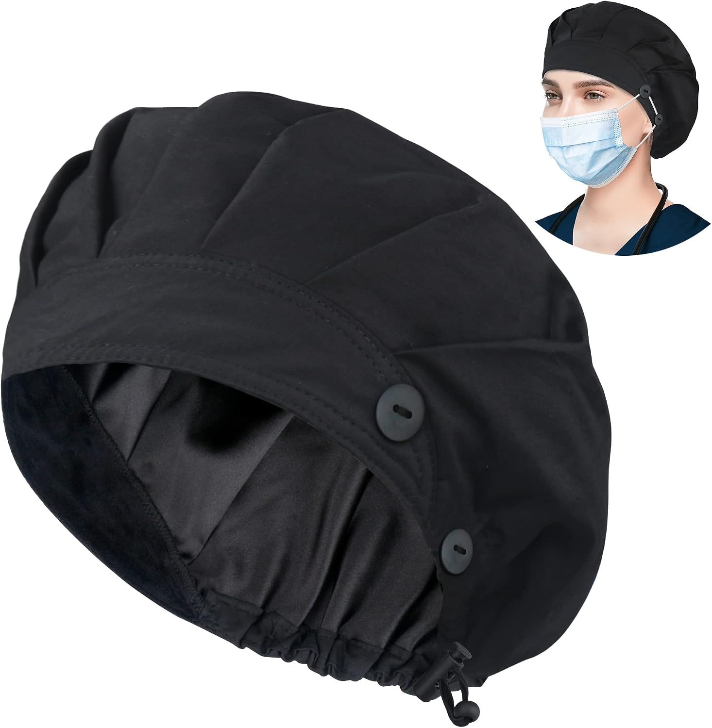 Bouffant Caps with Button and Sweatband, Adjustable Scrub Caps for Women Men, Satin Layer Black
