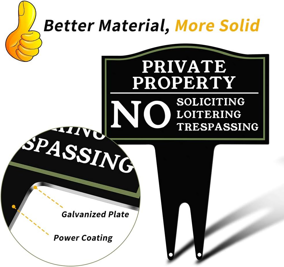 Private Property No Trespassing, No Soliciting and No Loitering Signs with Stake, 16x12.5 Inch Rust Free Metal Yard