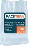 12" X 8" X 30" Gusseted Poly Bags Clear LDPE 2 Mil Thickness (Pack of 200) Open Top Food Safe Flexible Plastic