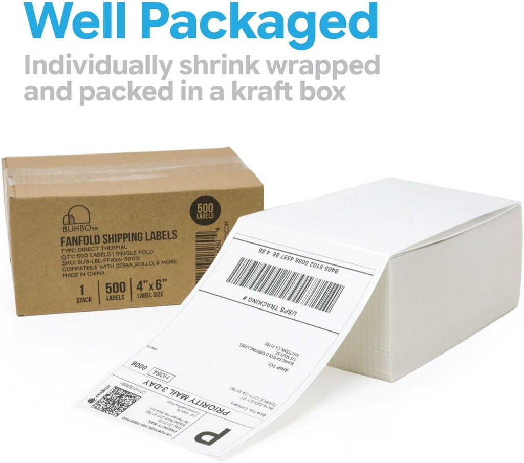 Direct Thermal Labels - 4 x 6 inch - White, 500 Labels | 1 Fanfold Stack, Perforated, BPA Free, Paper Material