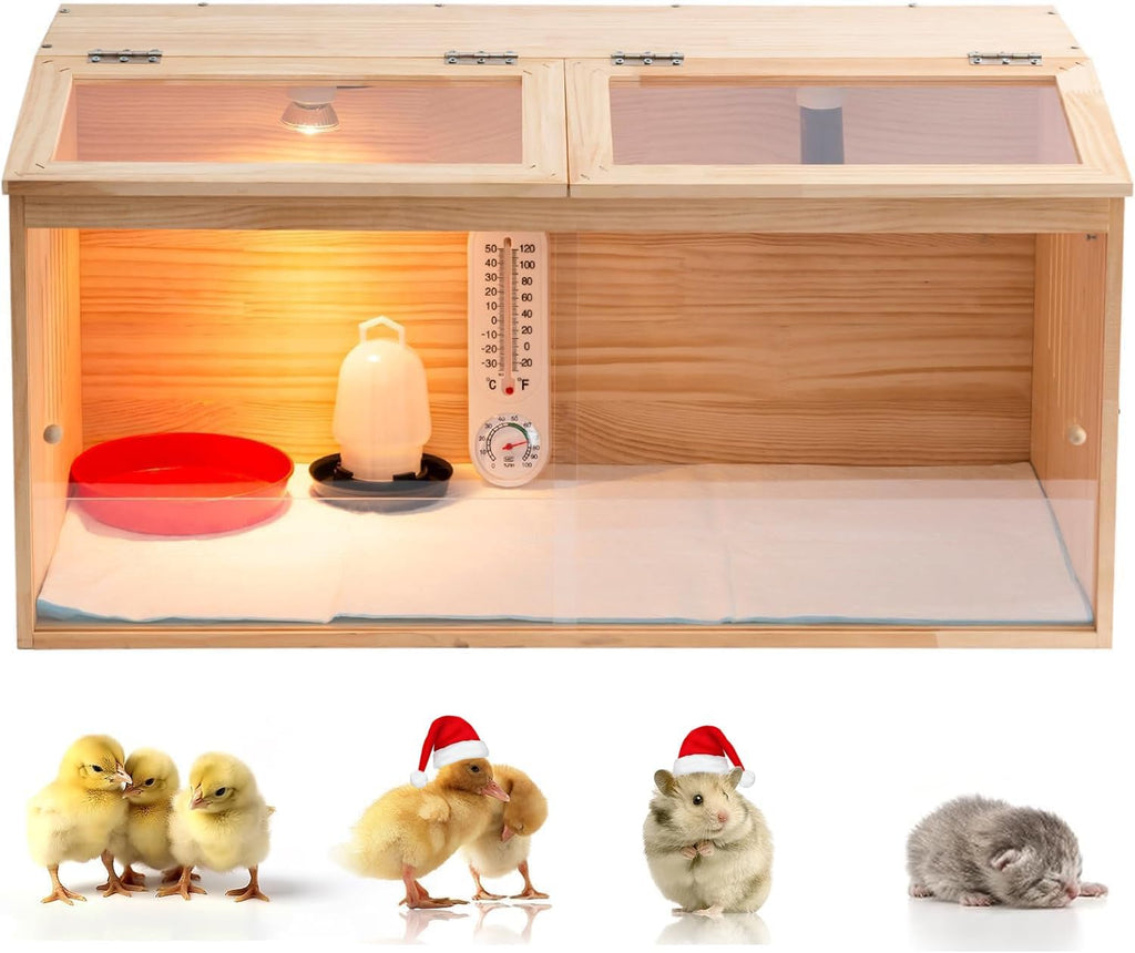 Large Wooden Chicken Brooder Box with Bulb Set and Thermometer - Brooder Box for Chicks Indoor Accommodates Up to 12