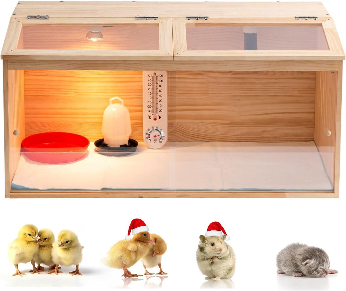 Large Wooden Chicken Brooder Box with Bulb Set and Thermometer - Brooder Box for Chicks Indoor Accommodates Up to 12