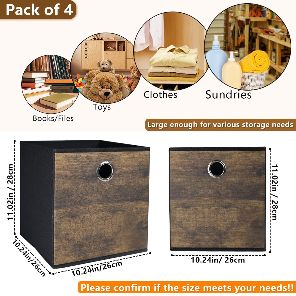 4 Pack Durable Storage Cube Bins with Wood Grain,Thickened Fabric Box,Storage Baskets for Open