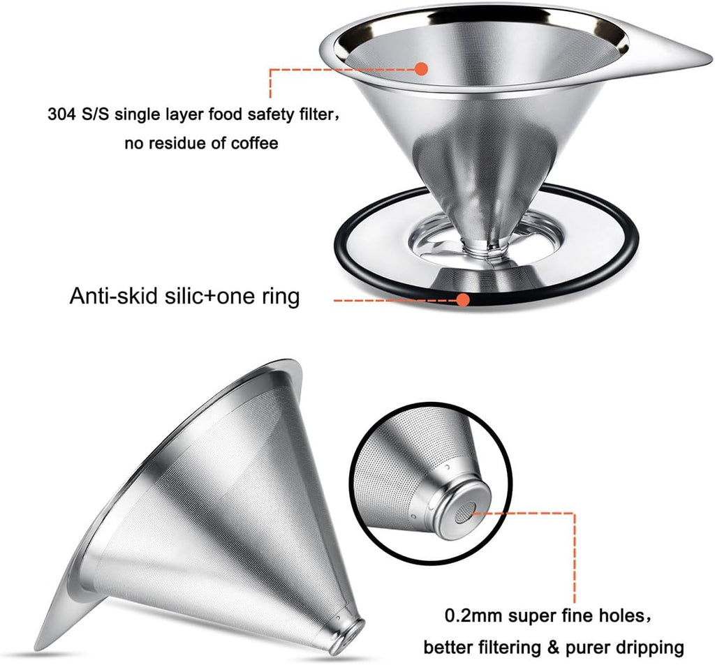 Pour Over Coffee Dripper Stainless Steel Coffee Filter Metal Cone Filter Paperless Reusable Coffee Filter Single Cup