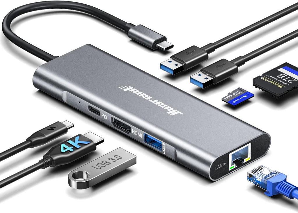 USB C Hub Ethernet 8-in-1, 4K@60Hz USB-C to HDMI Multiport Adapter with 1Gbps RJ45, 100W PD, 3 USB 3.0, SD/TF