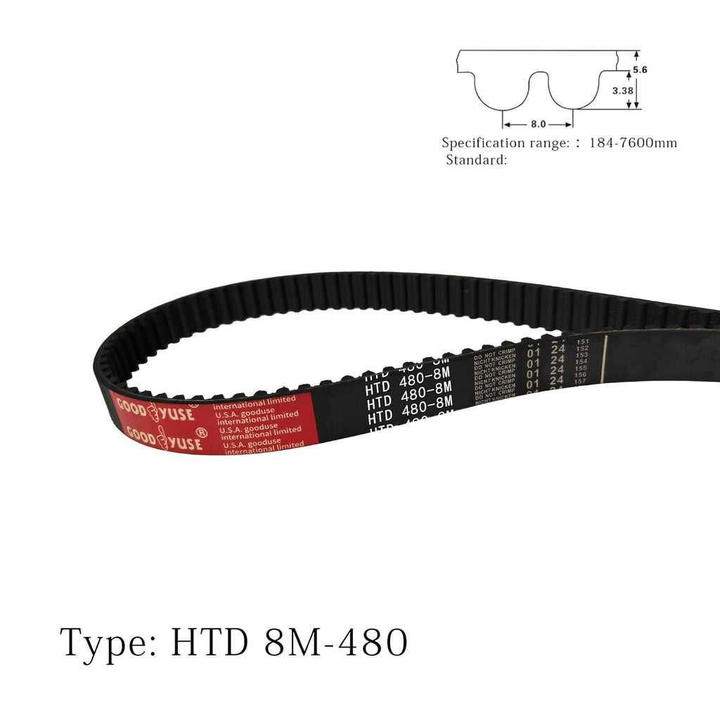 480-8M-20 HTD Timing Belt, 480mm Length x 20mm Width x 6mm Height, 8mm Pitch, 60 Teeth, Closed Loop Pulley Timing Belt